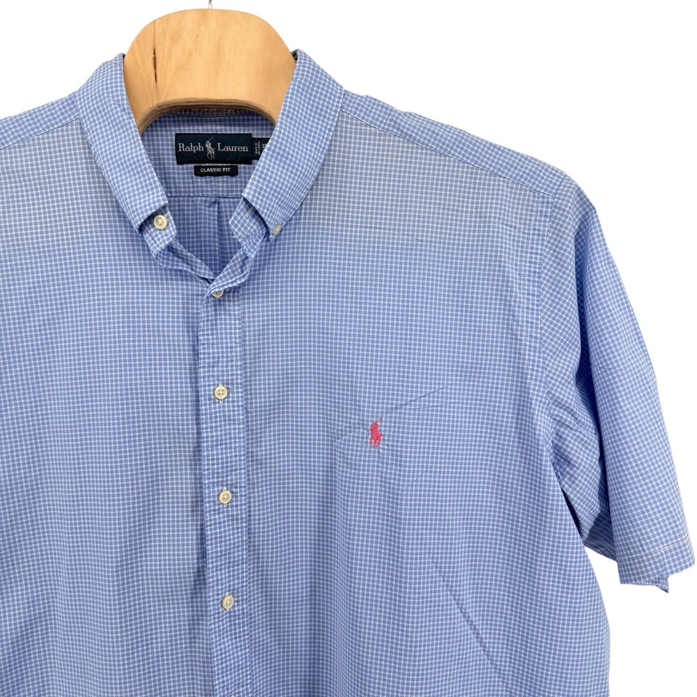 Ralph Lauren Button Down Mens 3XB Pre-Owned Shirt Blue Gingham SS Classic Fit